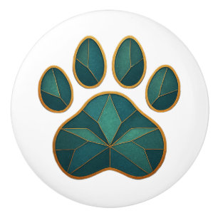 Stained Glass Paw Teal & Golden Ceramic Knob