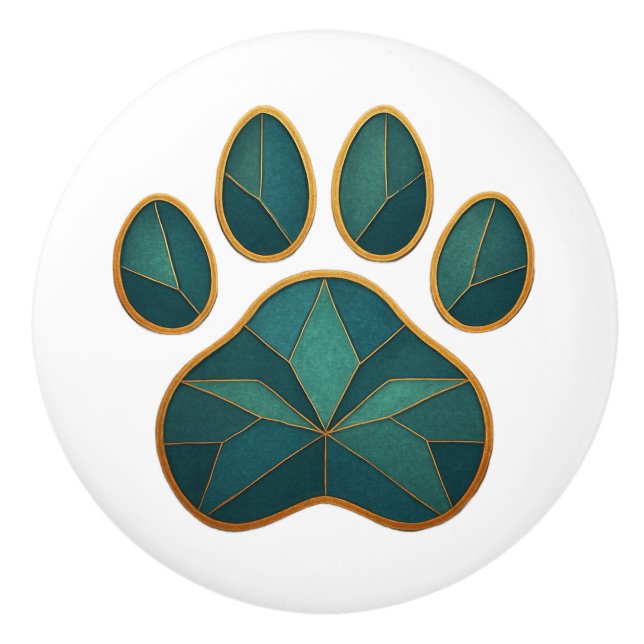Stained Glass Paw Teal & Golden Ceramic Knob (Front)