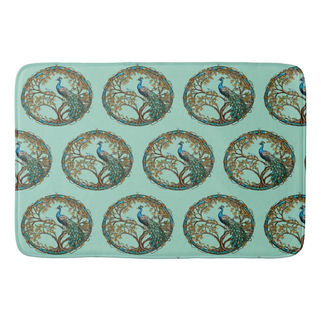 Stained Glass Peacock Autumn Tree Bath Mat (Front)