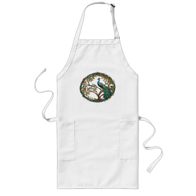 Stained Glass Peacock Autumn Tree Long Apron (Front)