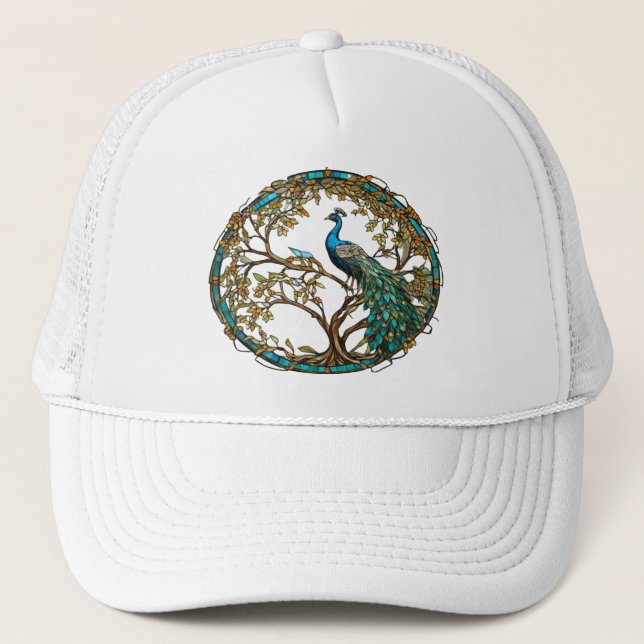 Stained Glass Peacock Autumn Tree Trucker Hat (Front)