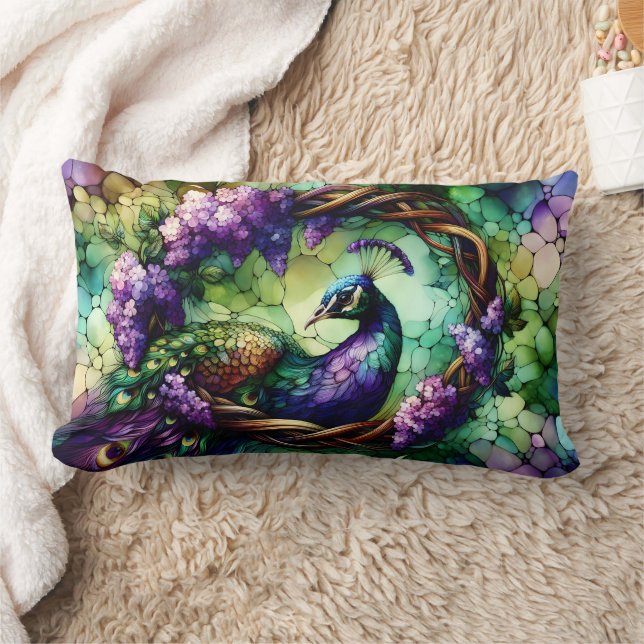 Stained Glass Peacock Floral Wreath Art Lumbar Cushion (Blanket)