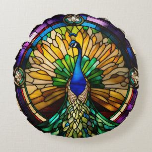 Stained Glass Peacock Round Cushion