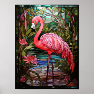 Stained Glass Pink Flamingo in Tropical Garden Poster
