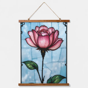 Stained glass pink rose hanging tapestry