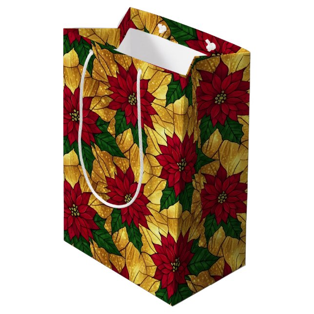 Stained Glass Poinsettia Elegant Christmas Medium Gift Bag (Back Angled)