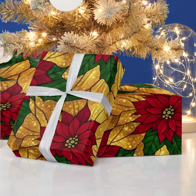Stained Glass Poinsettia Elegant Christmas Wrapping Paper (Holidays)