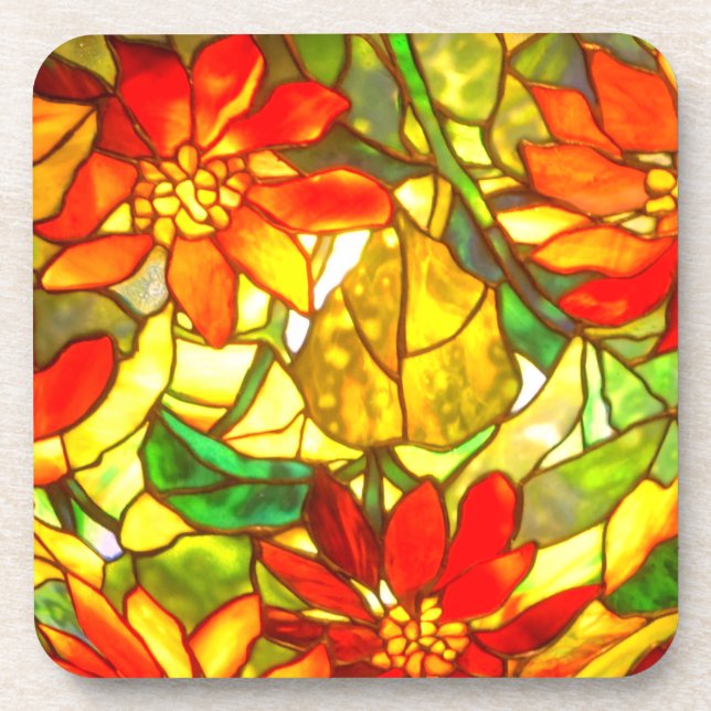 Stained glass poinsettia flower vintage floral coaster (Front)
