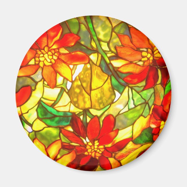 Stained glass poinsettia flower vintage floral magnet (Front)