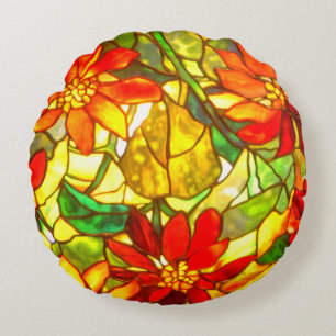 Stained glass poinsettia flower vintage floral round cushion