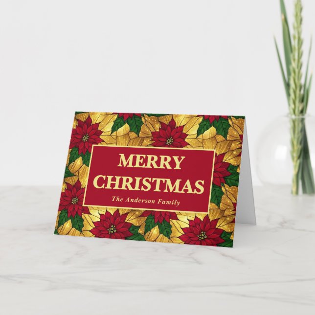 Stained Glass Poinsettia Merry Christmas Holiday Card (Front)