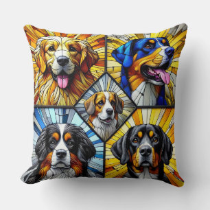 Stained Glass Portraits of Dogs Featuring Vibrant Cushion