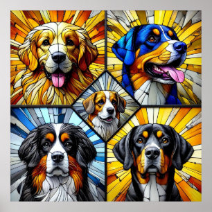 Stained Glass Portraits of Dogs Featuring Vibrant Poster