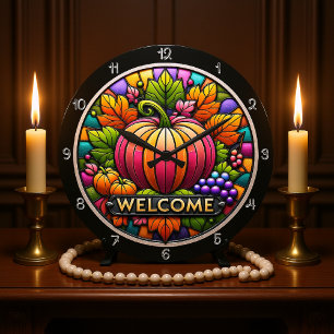 Stained Glass Pumpkin Large Clock