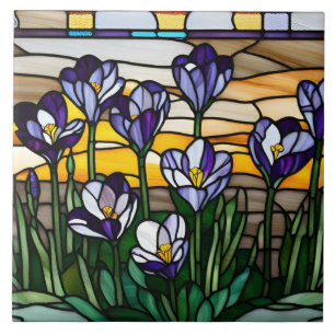 Stained Glass Purple Crocus Flowers Ceramic Tile