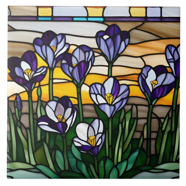 Stained Glass Purple Crocus Flowers Ceramic Tile (Front)