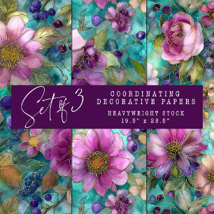 STAINED GLASS PURPLE FLORAL DECORATIVE PAPER SET