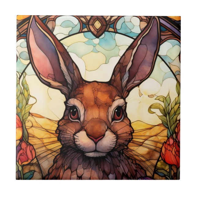 Stained Glass Rabbit illustration Ceramic Tile (Front)