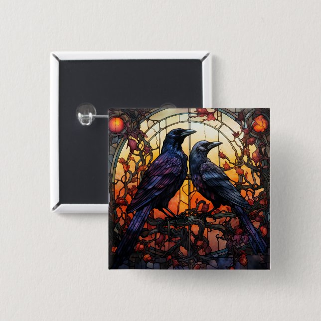 Stained Glass Ravens  15 Cm Square Badge (Front & Back)