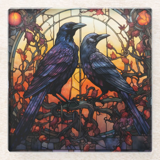 Stained Glass Ravens  Glass Coaster (Front)
