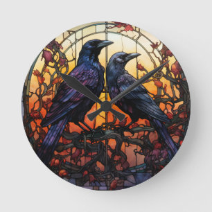 Stained Glass Ravens  Round Clock