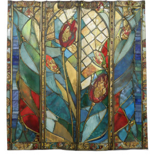 Stained Glass Red Chief Poppies at Sunrise Shower Curtain