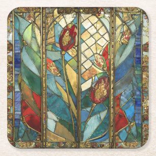 Stained Glass Red Chief Poppies at Sunrise Square Paper Coaster