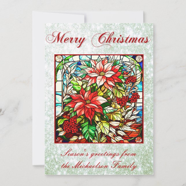 Stained Glass Red Christmas Flowers Green Glitter Holiday Card (Front)