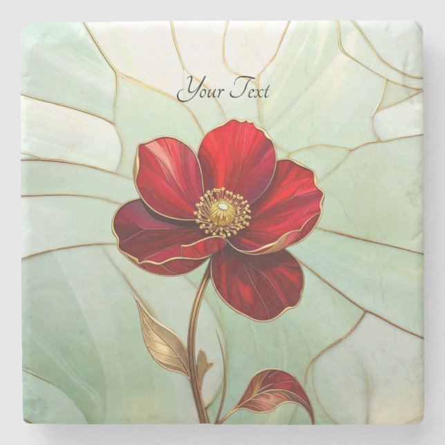 Stained Glass Red Flower Stone Coaster (Front)