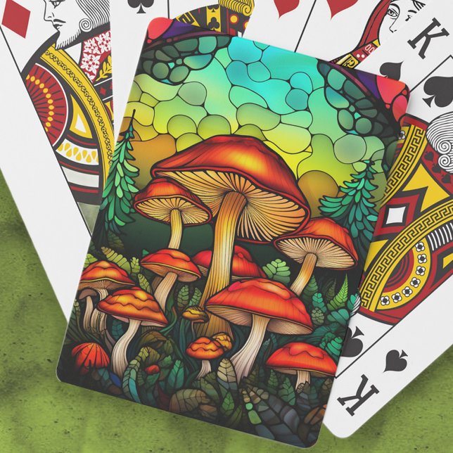 Stained Glass Red Mushrooms Toadstool Fantasy Playing Cards (Stained glass mushrooms playing cards)
