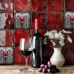 Stained Glass Red Pink Flower Ceramic Tile