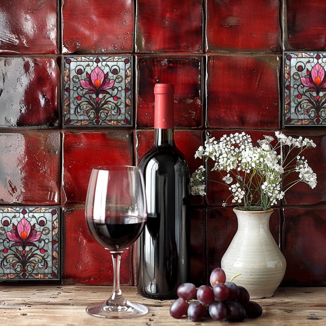 Stained Glass Red Pink Flower Ceramic Tile (Creator Uploaded)