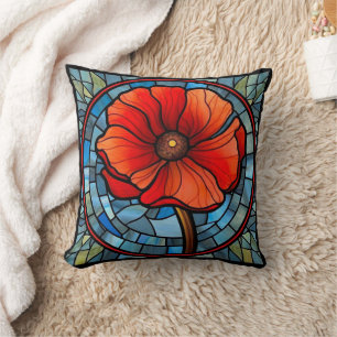 Stained Glass Red Poppy Cushion