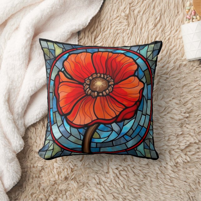 Stained Glass Red Poppy Cushion (Blanket)