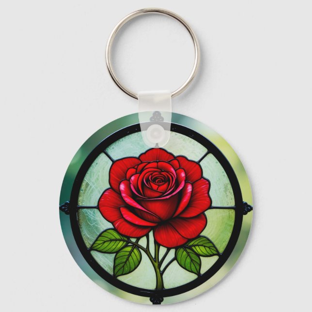 Stained glass red rose key ring (Front)