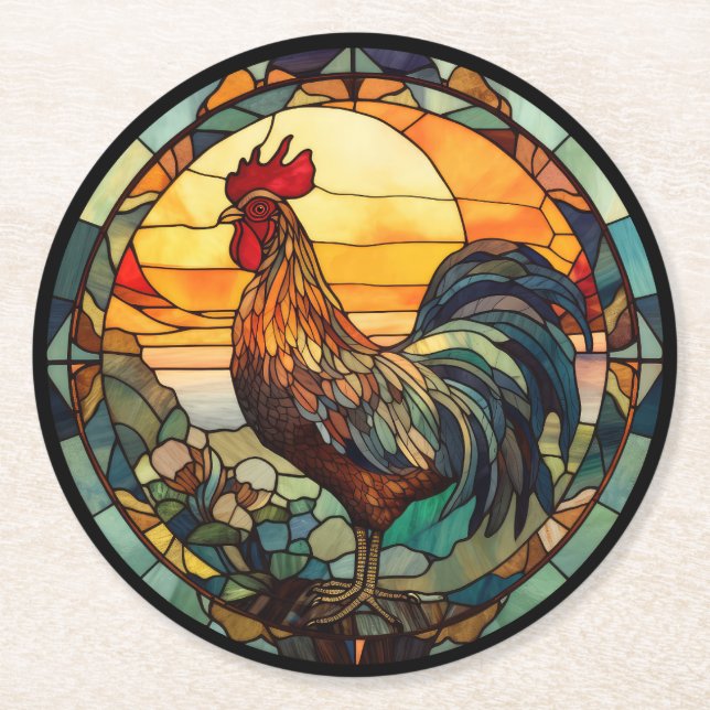 Stained Glass Rooster Round Paper Coaster (Front)