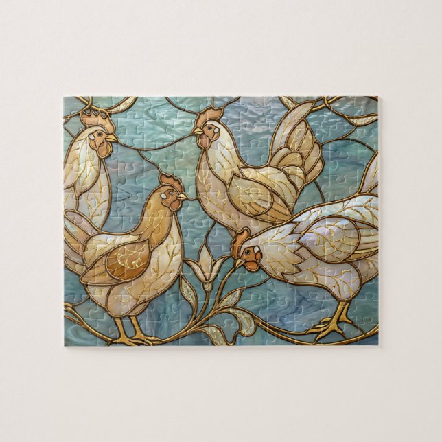 Stained Glass Roosters Elegant Chicken Farmhouse Jigsaw Puzzle (Horizontal)