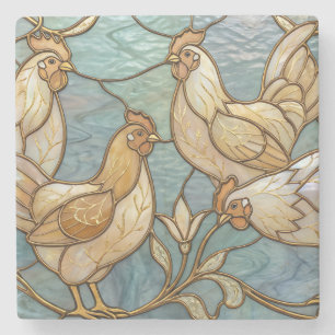 Stained Glass Roosters Elegant Chicken Farmhouse Stone Coaster