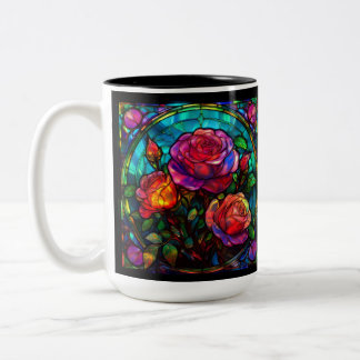 Stained Glass Rose Bouquet Left handed Two-Tone Coffee Mug