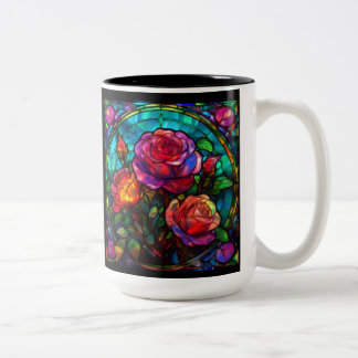 Stained Glass Rose Bouquet Right handed  Two-Tone Coffee Mug