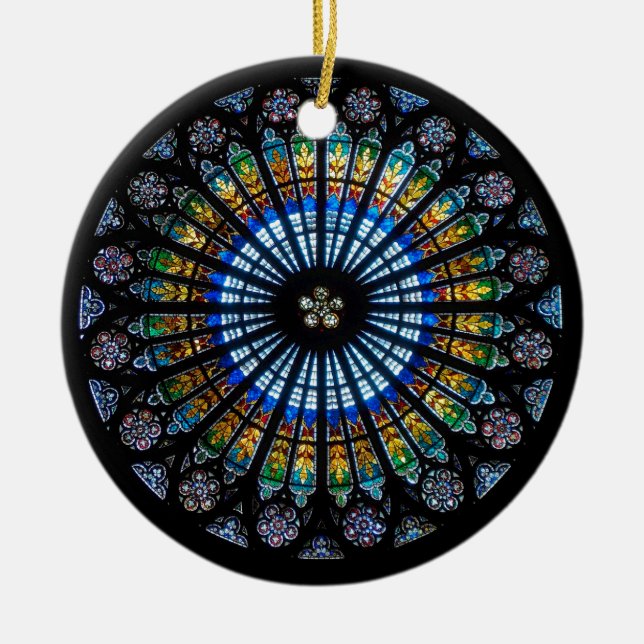 Stained glass rose window in France's Strasbourg Ceramic Tree Decoration (Front)