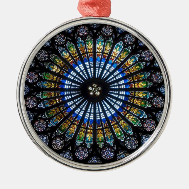 Stained glass rose window in France's Strasbourg Metal Ornament (Front)