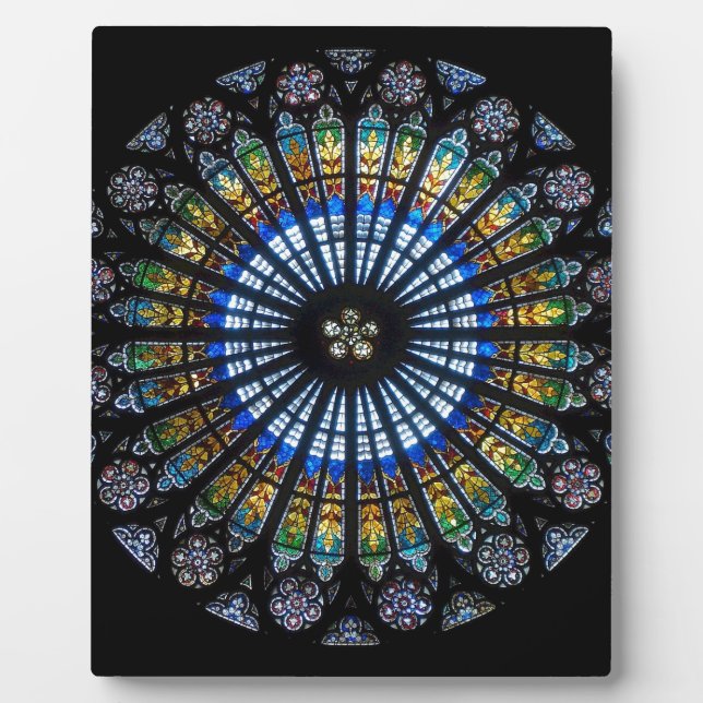 Stained glass rose window in France's Strasbourg Plaque (Front)