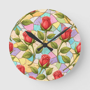 Stained Glass Rosebuds Round Clock