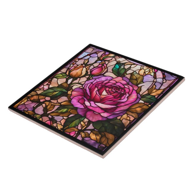 Stained Glass Roses Trendy Elegant Collection Ceramic Tile (Side)