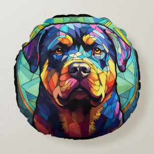 Stained Glass Rottweiler Round Cushion