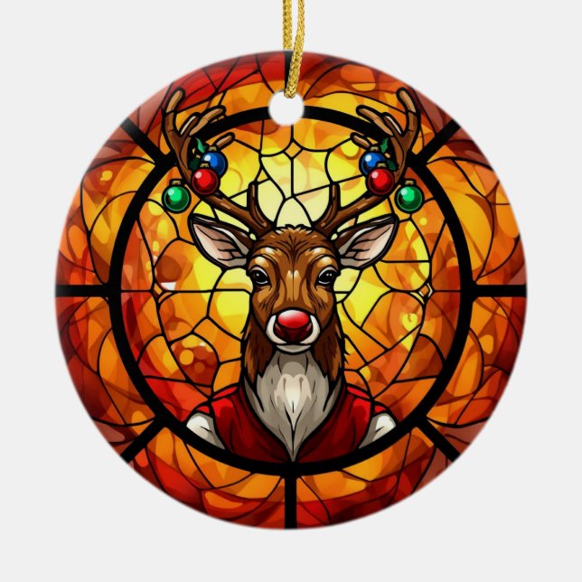 Stained Glass Rudolph Reindeer Ceramic Ornament (Front)