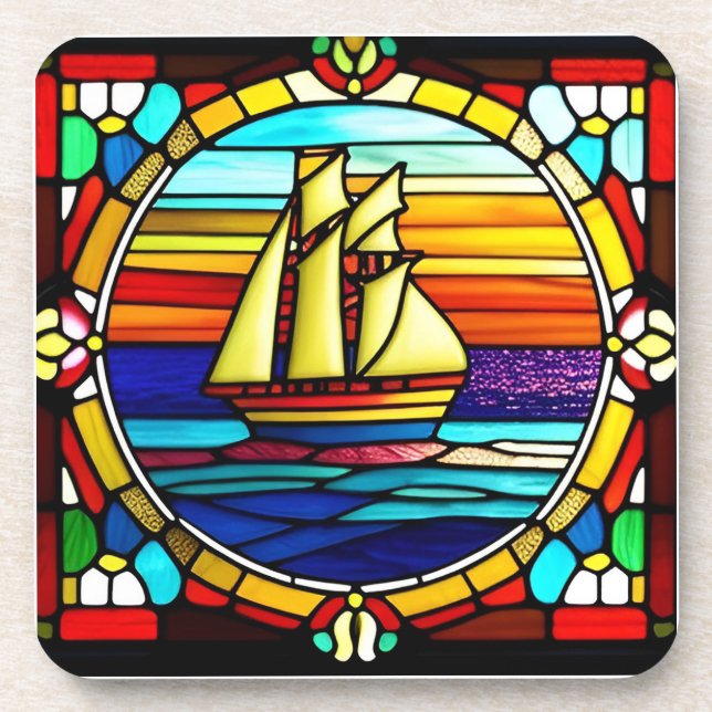 Stained Glass Sailing Ship at Sunset Coaster (Front)