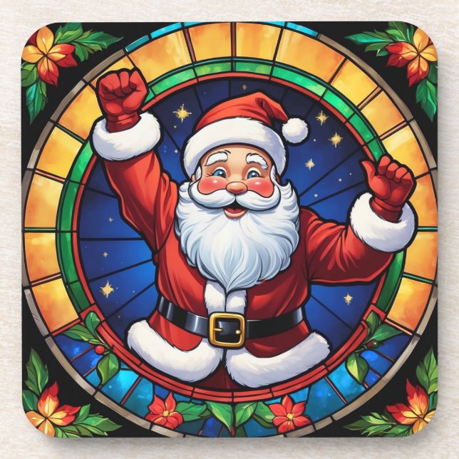 Stained Glass Santa Christmas Holiday Drink Coaster (Front)
