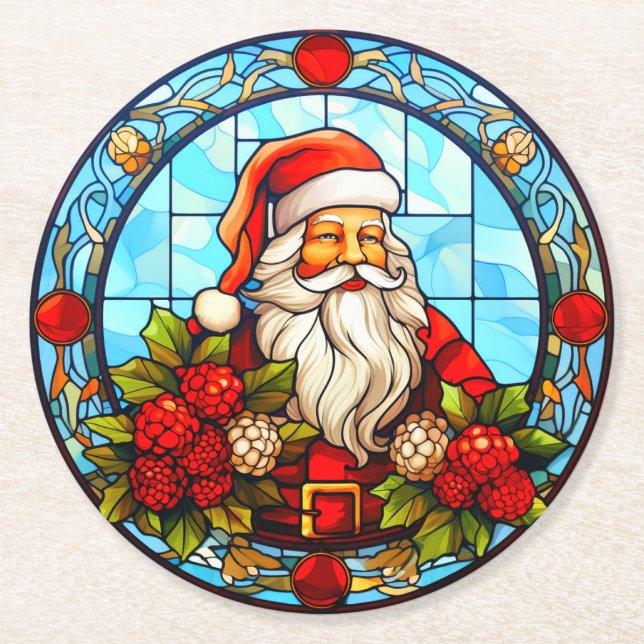 Stained Glass Santa Christmas Ornament-67672 Round Paper Coaster (Front)